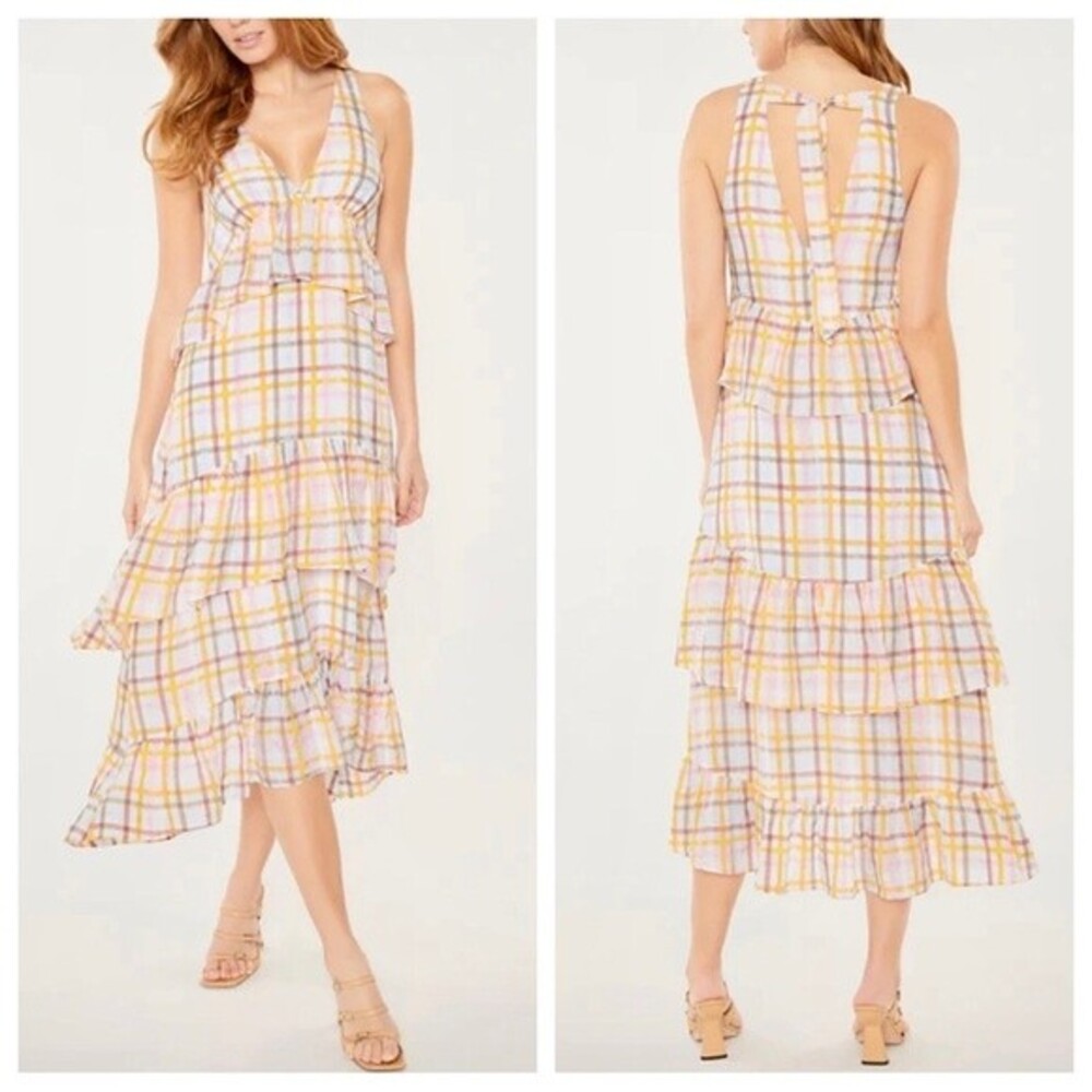 NWT Cinq à Sept Astor Dress Tiered Plaid Tie Back Pastel Midi Dress Size 8
